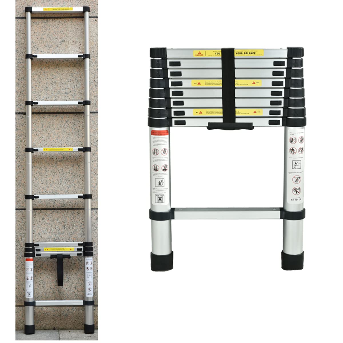 8.5ft Telescoping Ladder Stainless Steel Telescopic Extension Ladder 2.6m Safety EN131 Certificate Light Weight 7.3kg