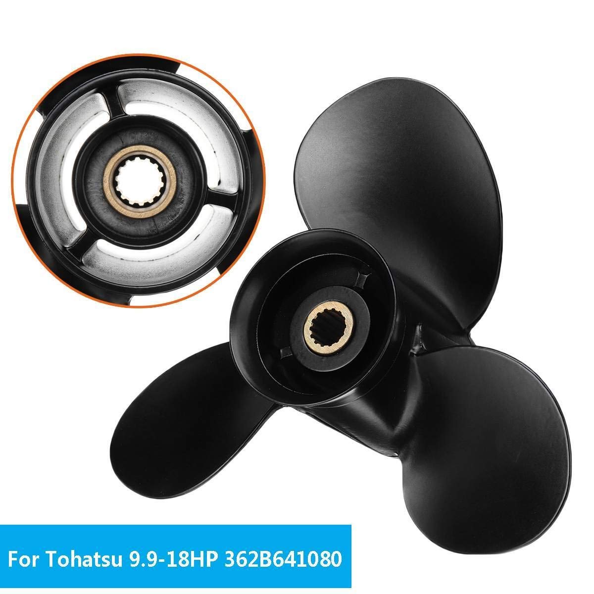 Szwaldaper 362B641080, for Tohatsu 9.9-20HP 9.25 X 9.8 Elica fuoribordo in alluminio 14 denti scanalati 3 pale Rotazione standard Nero