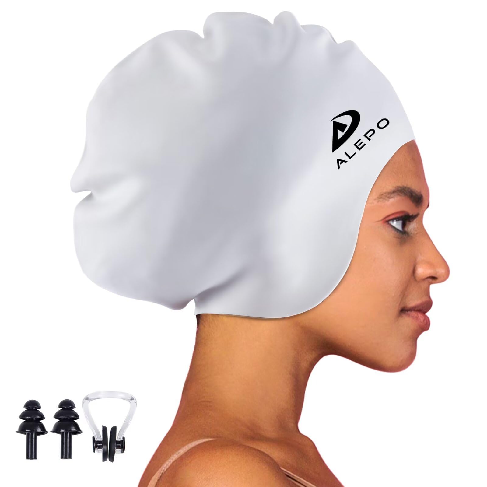 Alepo Extra Large Swimming Cap Women Men, Durable Silicone Swimming Hat Long Hair with Ear Protection, Unisex Adults Swim Caps for Long Thick Curly