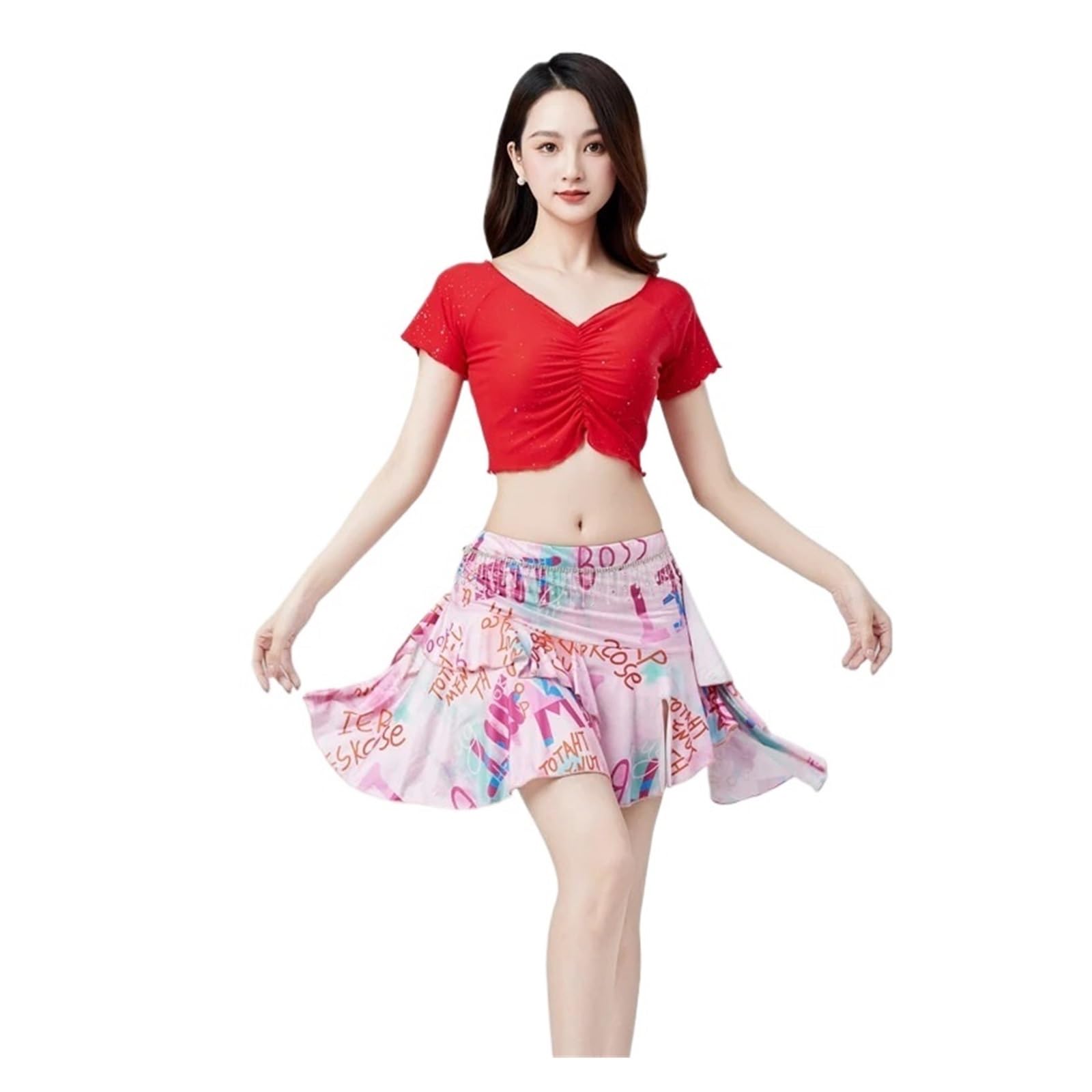 Traje de práctica de Danza del Vientre for Mujer, Conjunto de Falda de Rendimiento Sve Dr, Ropa de Yoga Ajustada, Tela Modal(B Style (Red) Top+Skirt+Waist Chain,XL)
