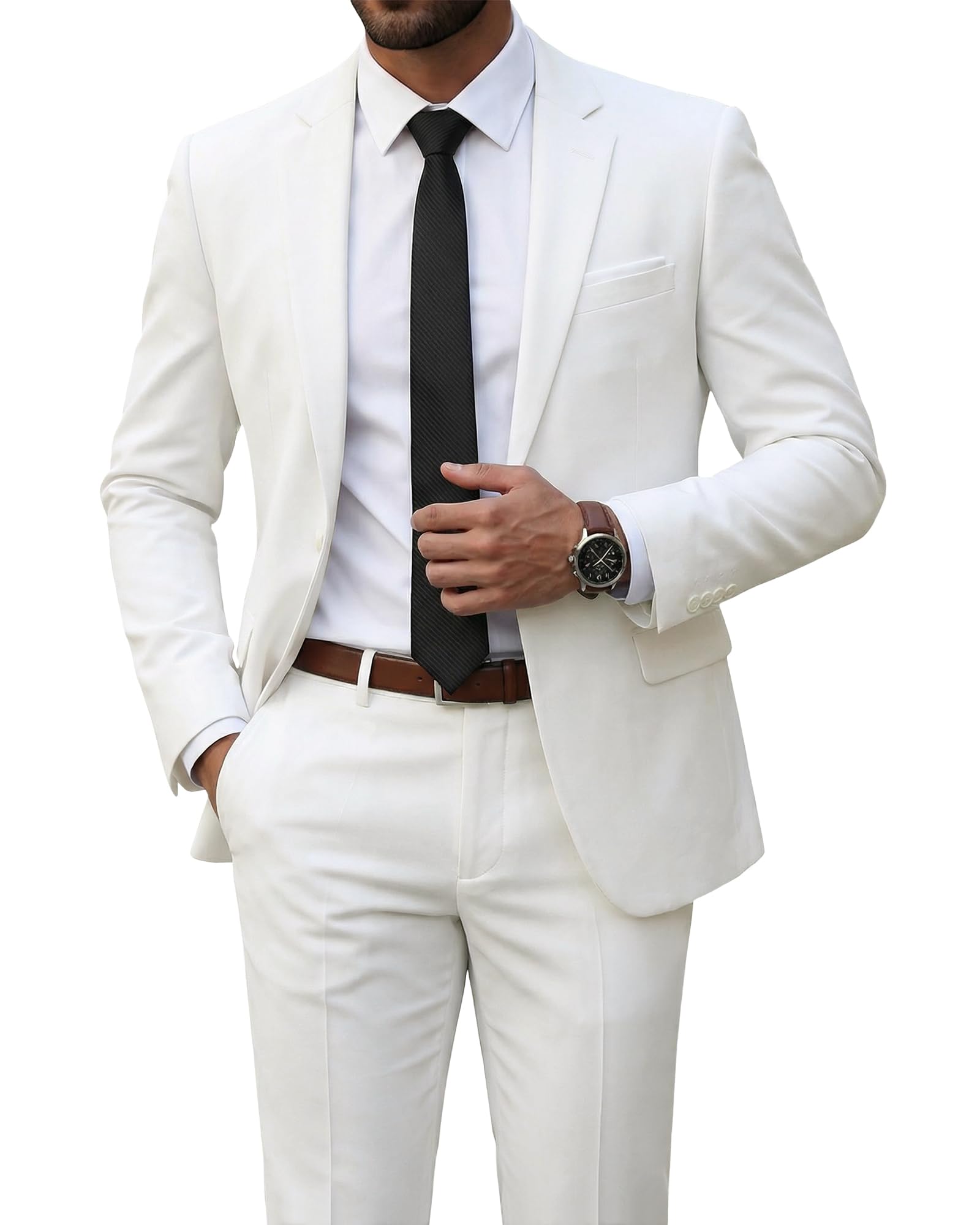 YND Men's 2 Piece Suit with Tie, Slim Fit Solid Color Jacket and Pants Set | 1 Button Suits, 20+ Colors, Modern Cut Notch Lapel, Random Tie, for Men of All Ages, Prom Party Wedding and Holidays