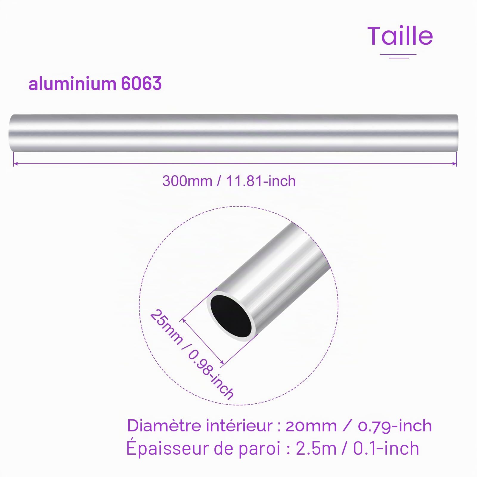 DMiotech Lot de 2 (25mm Od x 20mm Id) Tube Rond en Aluminium 6063 de 300mm de Longueur pour la Construction de Cadres de Machines et les Projets Diy