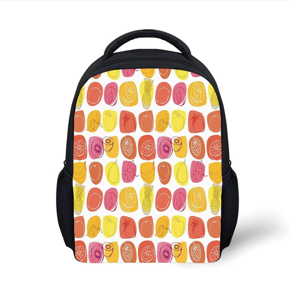 Kids School Backpack Fruits,Retro Pineapple Lemon Kiwi Raspberry Pop Art Modern Food Icons Caricature Graphic,Multicolor Plain Bookbag Travel Daypack