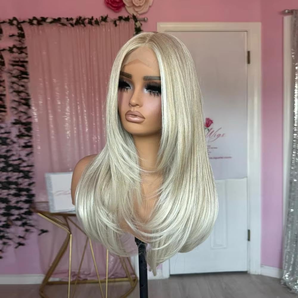 Haarpflege Cremige Aschblonde Balayage-Perücke HD Unsichtbare Spitzenfrontfaser Gerade Damenperücken 13 X 4 Klebefrei Leicht Zu Tragen