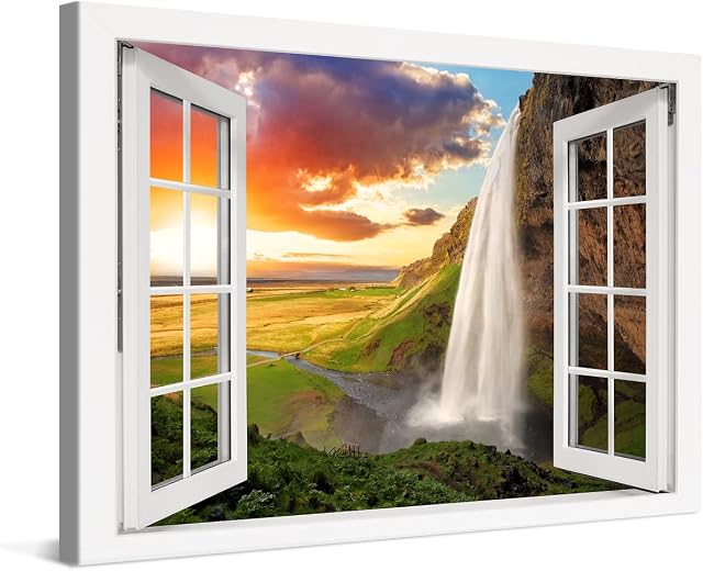 PICANOVA  Canvas Print 120x80 cm  Canvas Art Print Wall Art  Wall Decor Picture Stretched on Wooden Frame  Iceland Seljalandsfoss Window Waterfalls Collection