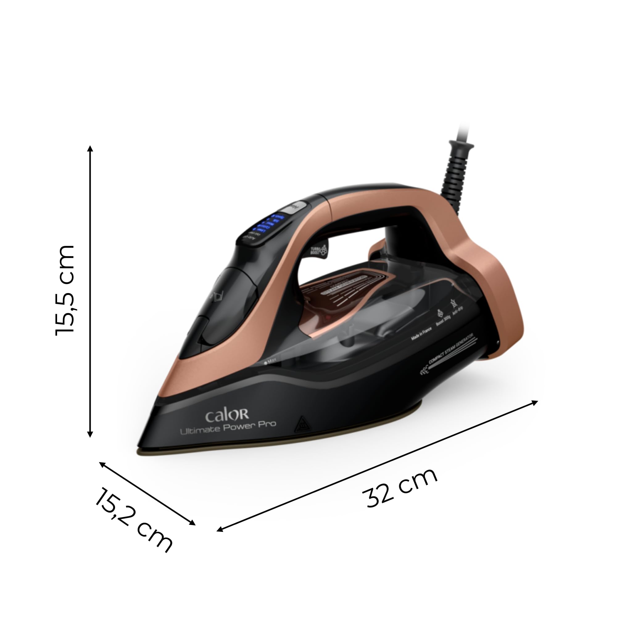 Calor Ultimate Power Pro Fer vapeur, Puissance d'une centrale vapeur, 3200 W, Débit vapeur continu 85 g/min, Fonction pressing 300 g/min, Fabriqué en France, FV9E50C0