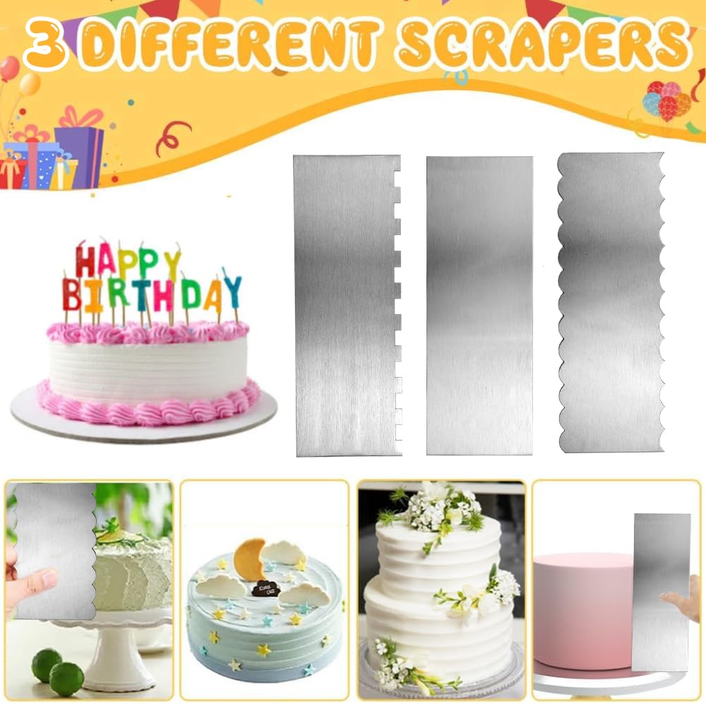 3 Pz Raschietto per Torte in Acciaio Inox,Raschietto per Torte a Doppio Lato,Raschietto in Metallo per Pasticceria,Raschietto Liscia per Torta per Decorare Glassare, Crema al Burro Mousse
