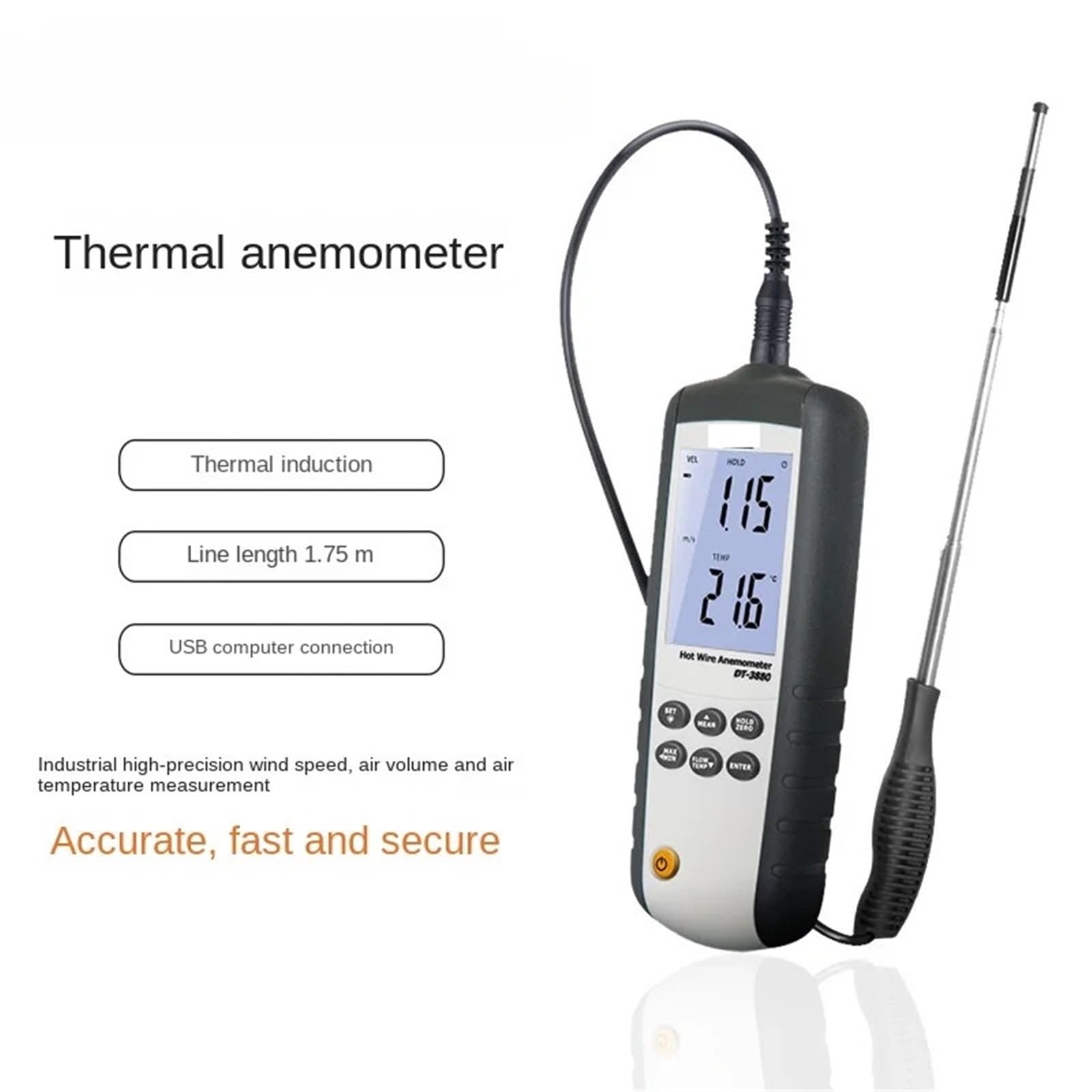 Anemómetro térmico portátil industrial de alta precisión, medición de velocidad del viento, volumen del aire y temperatura del viento.