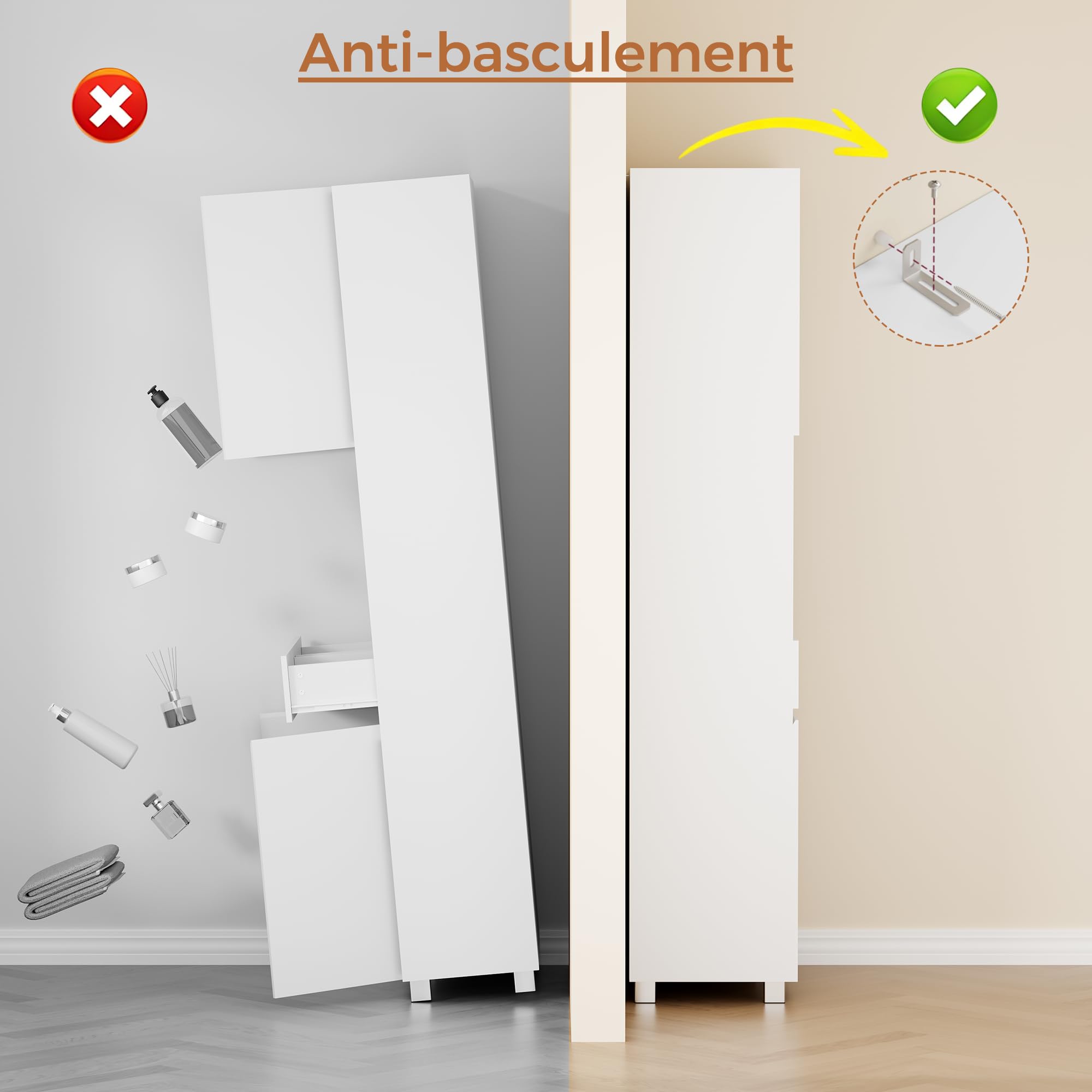 ANWBROAD Armoire de Salle de Bain,Meuble Colonne Salle de Bain,Meuble de Rangement,avec Étagères Réglables,2 Tiroir,Compartiments,pour Salon,Cuisine,30x60x180 cm,Blanc SBC012W