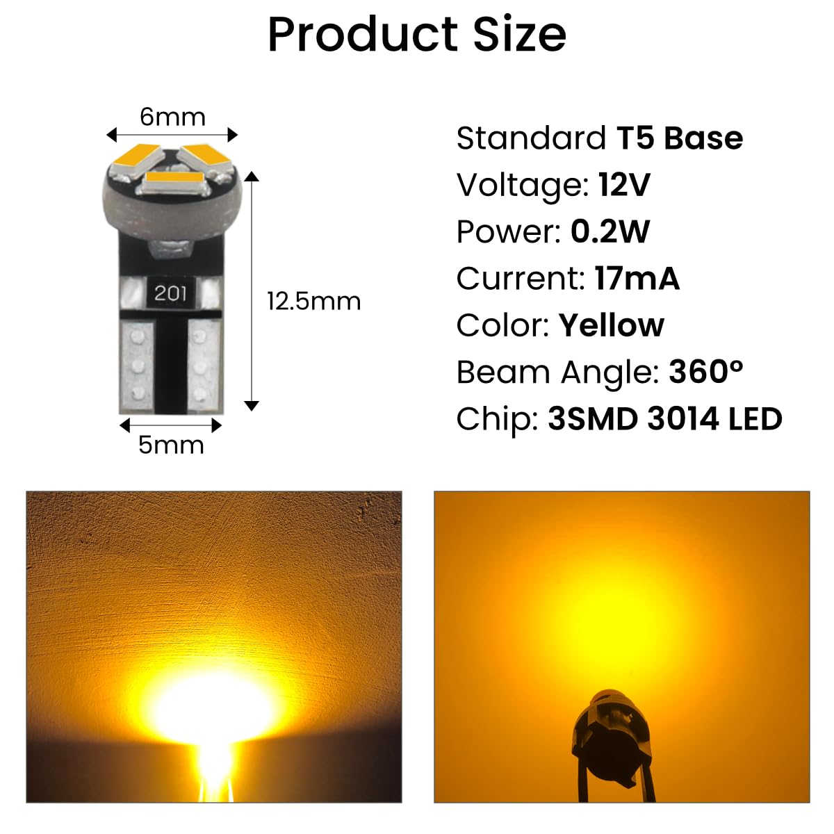siweex T5 LED bulbs Yellow 74 73 37 2721 Car Dashboard Instrument Panel Gauge Cluster Indicator Lights with 3/8