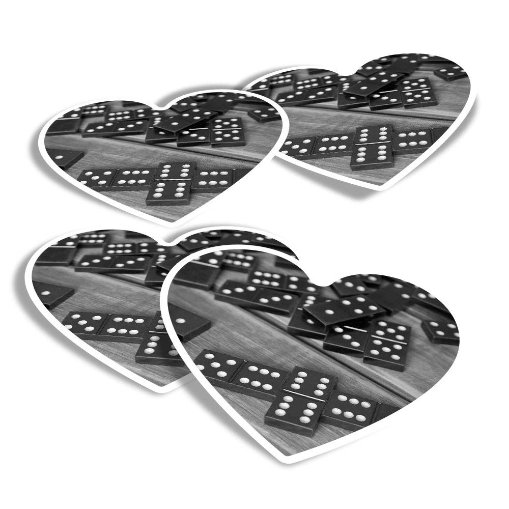 Vinyl Heart Stickers (Set of 4) - BW - Domino Game Dominoes Fun Decals for Laptops,Tablets,Luggage,Scrap Booking,Fridges #36949