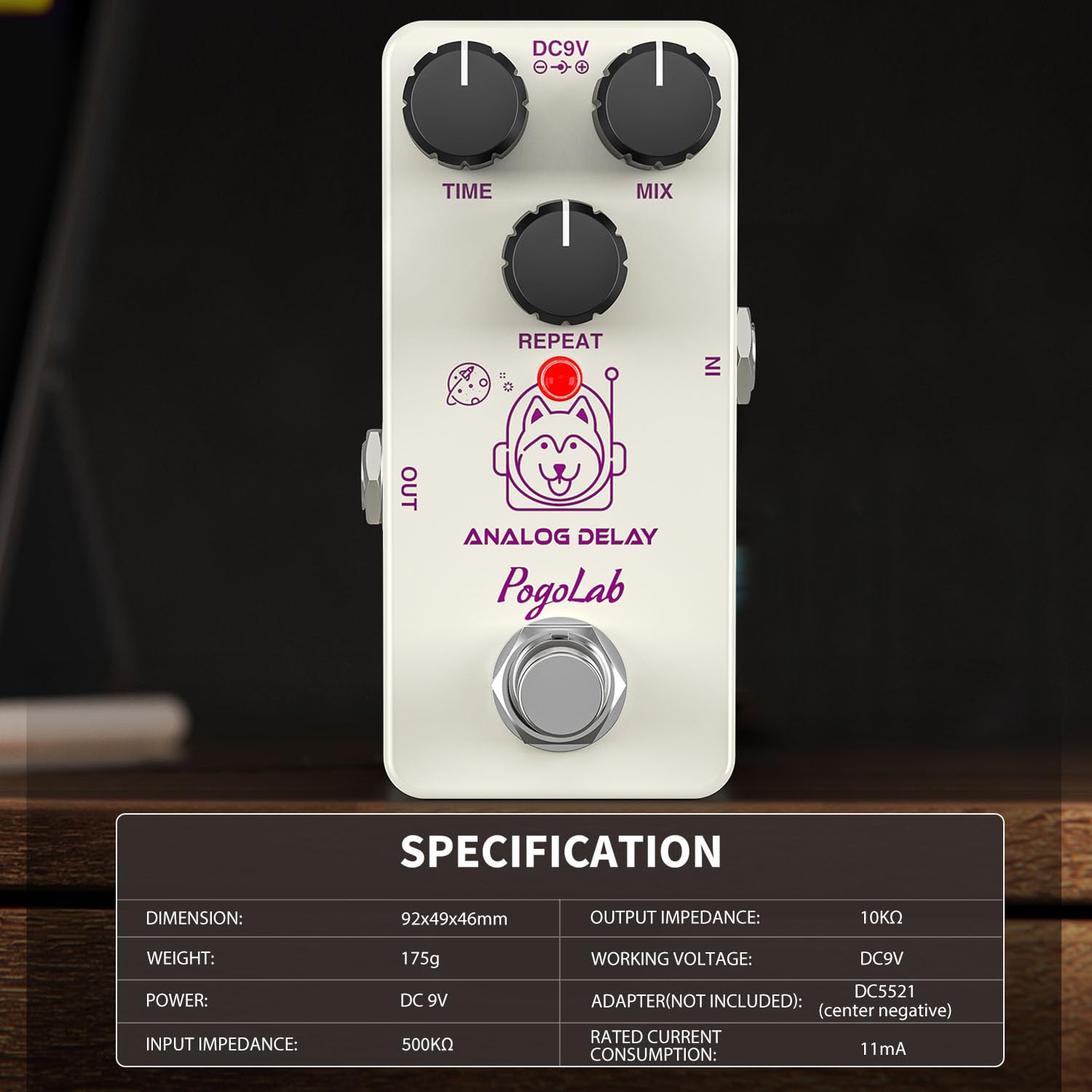POGOLAB Pedal de Efectos Analógico de Delay, Perillas de Repetición Mezcla Tiempo, Carcasa de Aleación de Aluminio, True Bypass, para Guitarra Eléctrica
