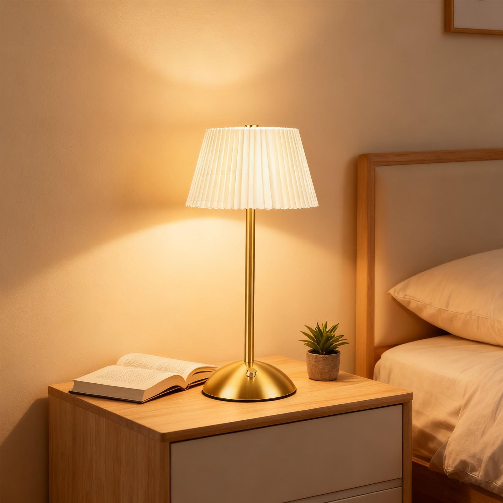 Plissee-Tischlampe, Kabellose Wiederaufladbare Nachttischlampe mit Touch-Steuerung für Schlafzimmer, Wohnzimmer und Heimbüro (Beige)