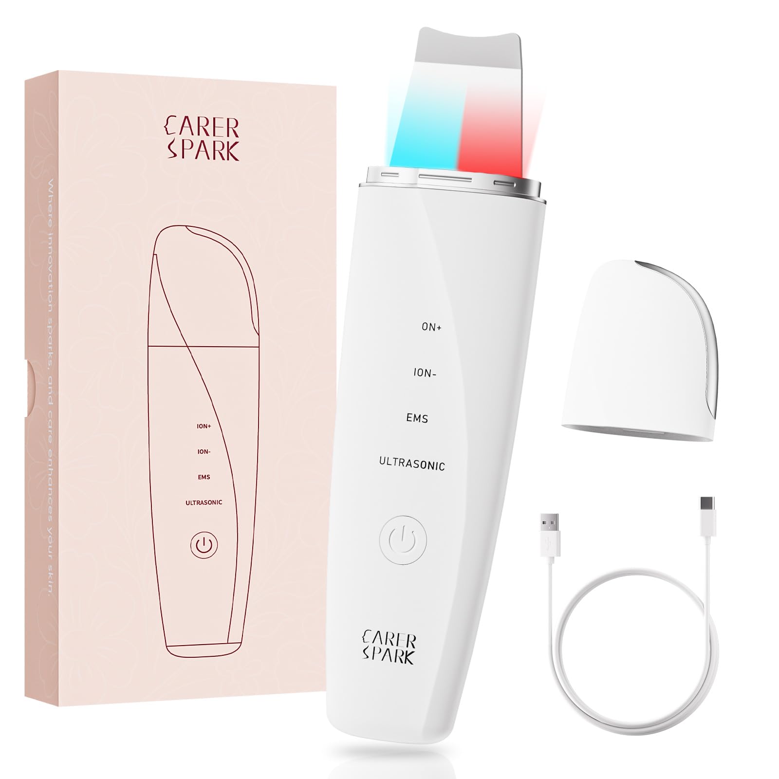 CARER SPARK Ultrasonic Facial Scrubber – Ultrasonic EMS Ion Red & Blue Light Facial Skin Spatula with 4 modes for Deep Cleansing Blackhead Removal Nutrient Infusion Gentle Exfoliation USB Rechargeable