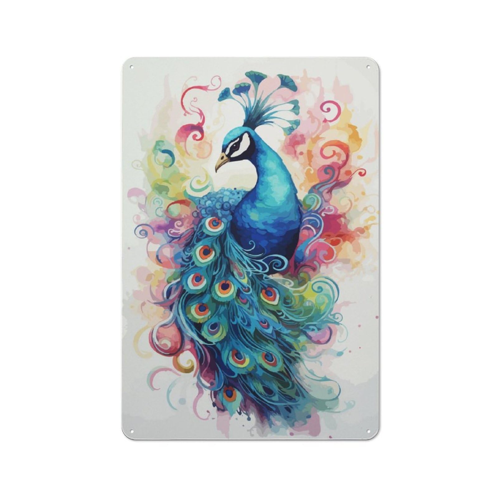 Junmoney Peacock Watercolor Rustic Metal Wall Sign 30X20cm For Hobby Room Or Studio, For Vintage Wall Decor Fans, For Themed Room Decoration