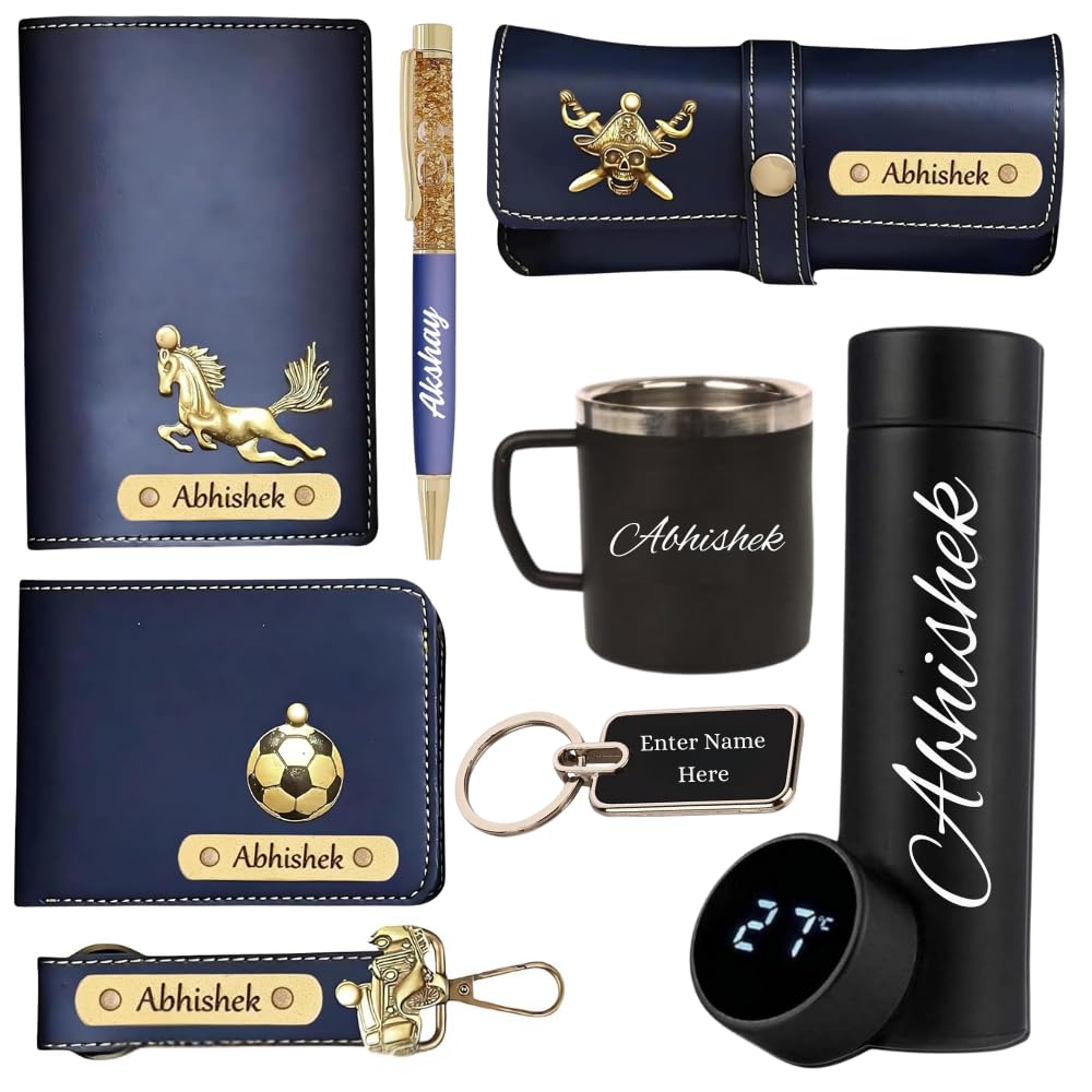Leather customised Wallet Set for Men - Leather Wallet + Keychain + Passport Cover + Eyewear Box + Water Bottle + Customised Mug + Metal Keyring + Pen with Name - Blue-image-0