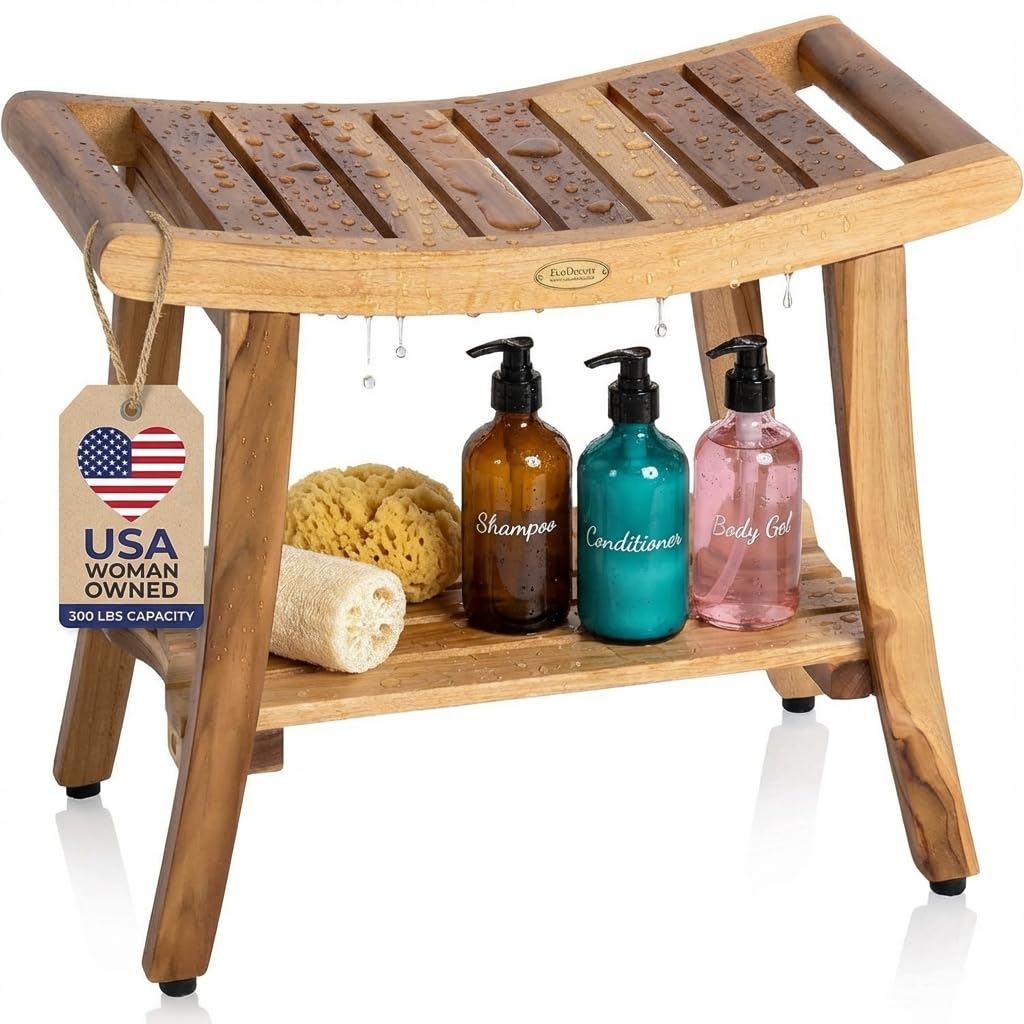 EcoDecors 24 Inch Harmony Natural Color Waterproof Teak Wood Shower Bench Stool Seat Chair For Inside Shower Storage Shelf Provides Safety, Storage,