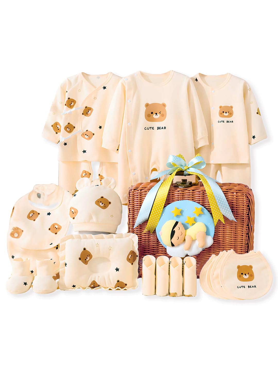 Little Surprise Box, 25 pcs Dreamy baby Hamper for Newborn Boy/Girl, All Season wear hamper with luxury designed brown storage cane basket 0-12 months-picture-12