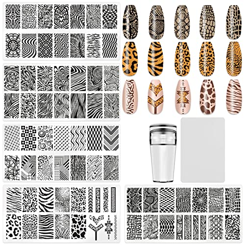 HYWWPFLAY 5Pcs Nail Stamping Plates Leopard Print Nail Stamps Nail Art Stamping Plates Nail Stencils Nail Plate Template Nail Art Stamping Kit Nails Accessories with 1 Nail Stamper, 1 Scraper