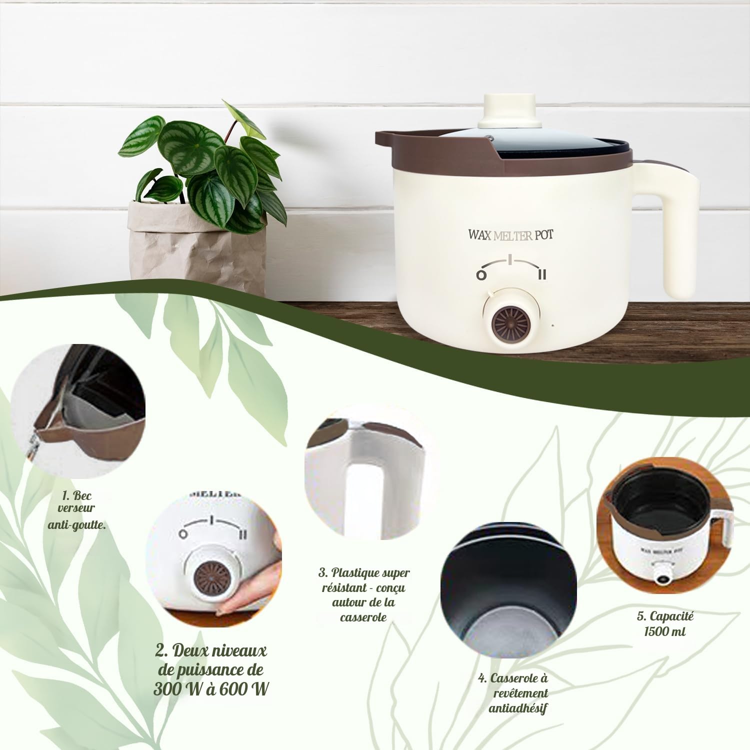 LINGQIAN Pot à cire pour bougie électrique avec bec verseur Pour la fabrication de bougies, 1.5L machine de fonte cire bougie Pour adultes(café)