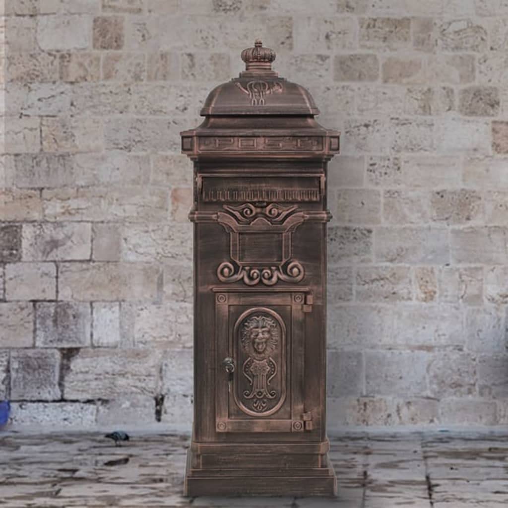 Skrzynka na listy kolumnowa z odlewu aluminiowego, stojąca skrzynka na listy w stylu vintage, nostalgiczna skrzynka na listy z przegródką na gazety i 2 przegródkami, brąz