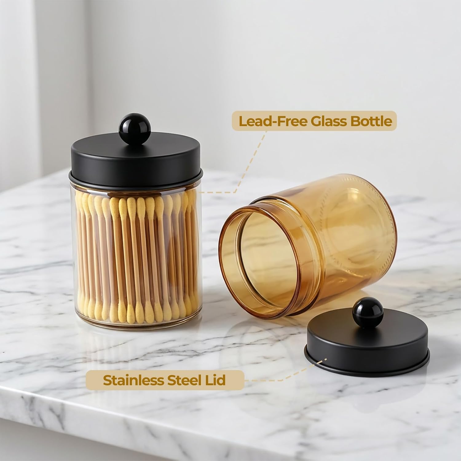 Amolliar Amber Glass Apothecary Jar Qtip Holder Metal Lids 4pc/Amber-black image 2