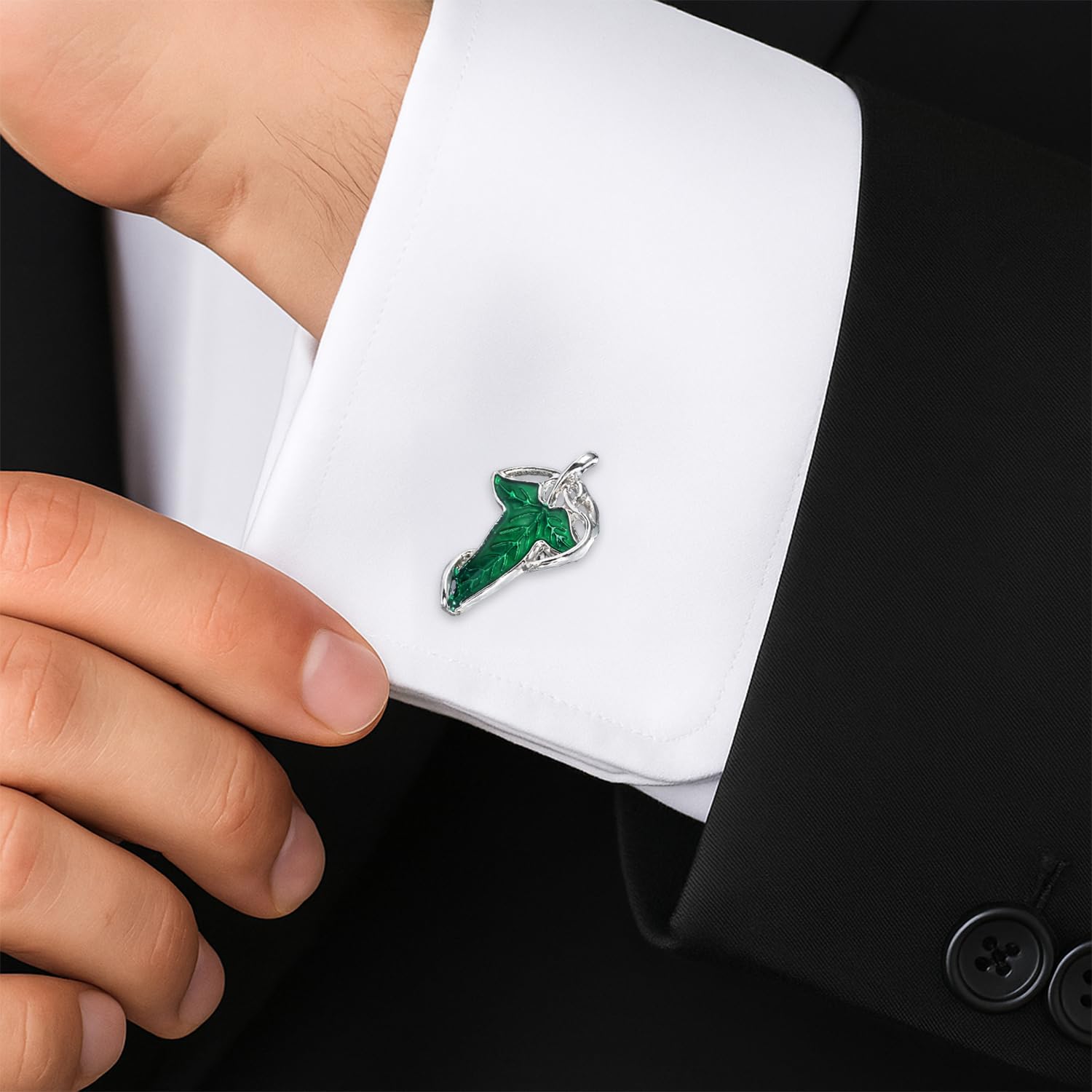 Gemelos de Camisa Hoja de Lorien Hoja Élfica, Regalo para el Padrino, Gemelos Frikis para Bodas y Eventos, 1,6 x 2,7 cm