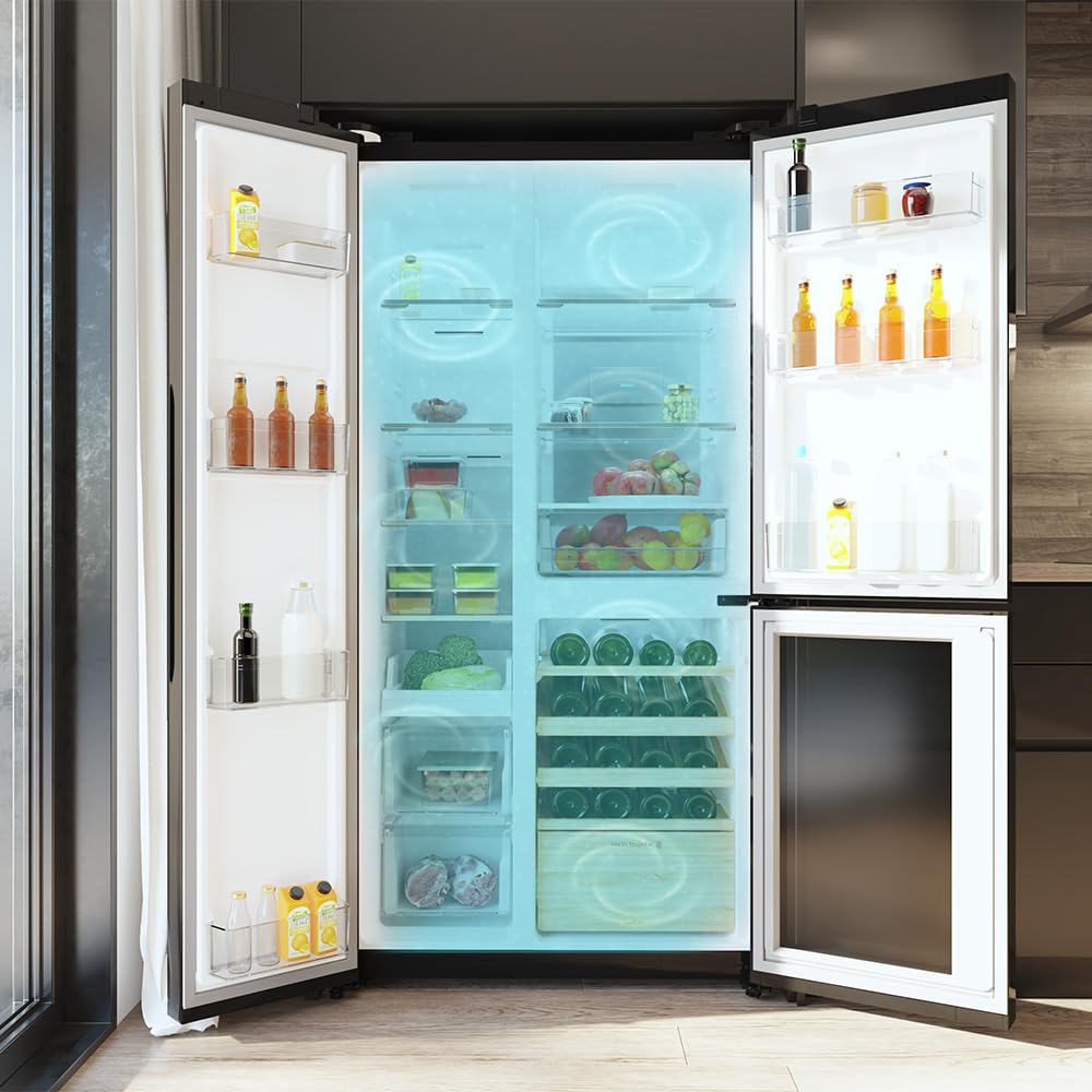 Cecotec Frigorífico 3 puertas Bolero CoolMarket TDW 548 Black Glass E, Clase E, 548 L, Diseño T Door, Compresor Inverter Plus, Total No Frost, Metal Cooling, Multi AirFlow, Fast Cooling & Freezing