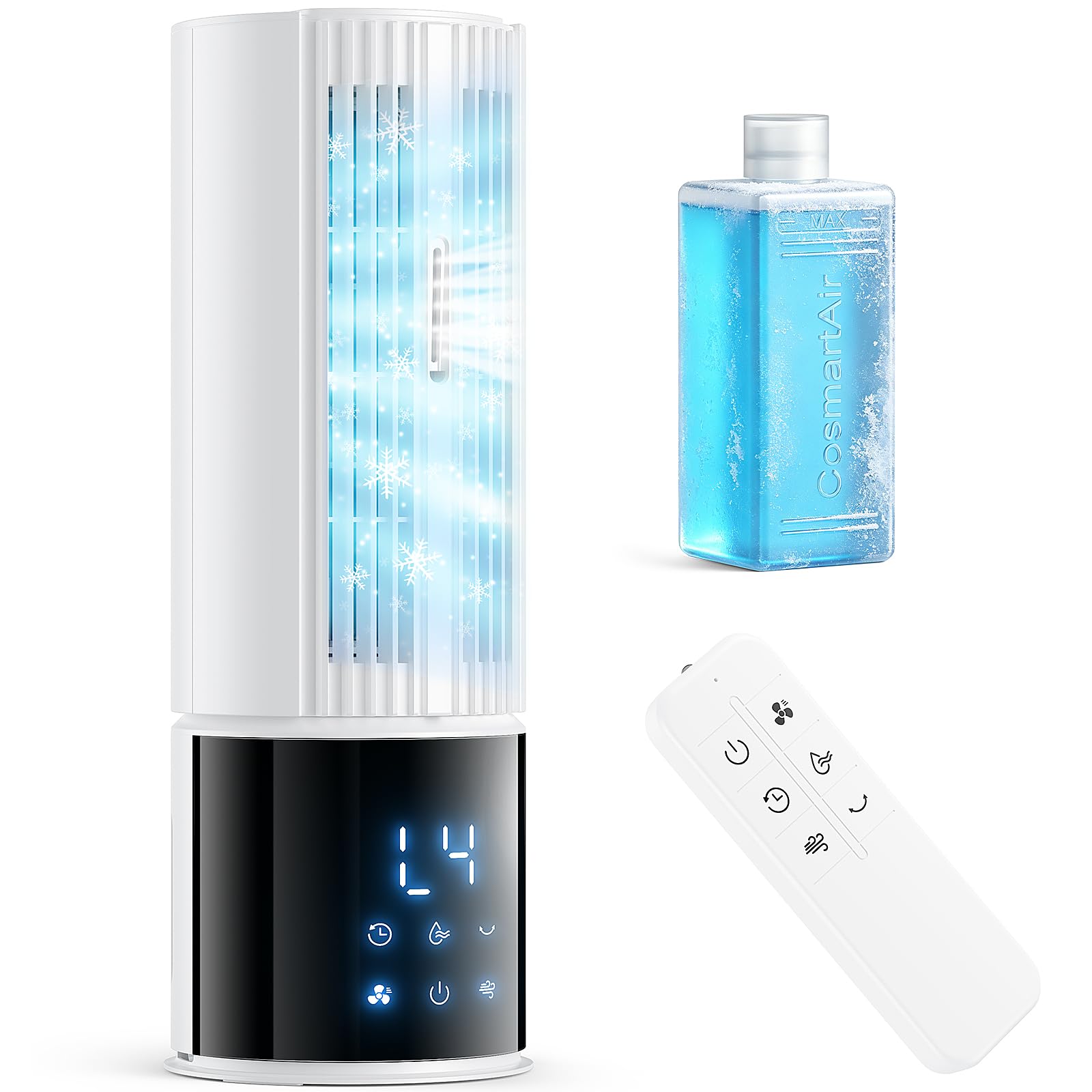 Climatiseur portable : 3 vitesses, mode tempête, oscillation 45/90°, minuterie 8h, 1 blocs réfrigérants, réservoir amovible, idéal maison, bureau et camping-cars（Gris Blanc）