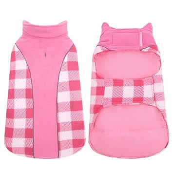 Kuoser Reversible Dog Cold Weather Coat, Reflective Waterproof Winter Pet Jacket, British Style Plaid Dog Coat Warm Cotton Lined Vest Windproof Outdoor Apparel for Small Medium Large Dogs Pink XXL