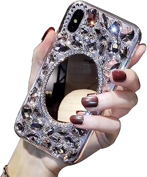 LCHDA Makeup Mirror Case for Samsung Galaxy S10 Plus, Bling Glitter Clear Crystal Full Diamonds Luxury Sparkle Transparent Rhinestone Bumper Protective Cover for Woman Girls with Screen Protector