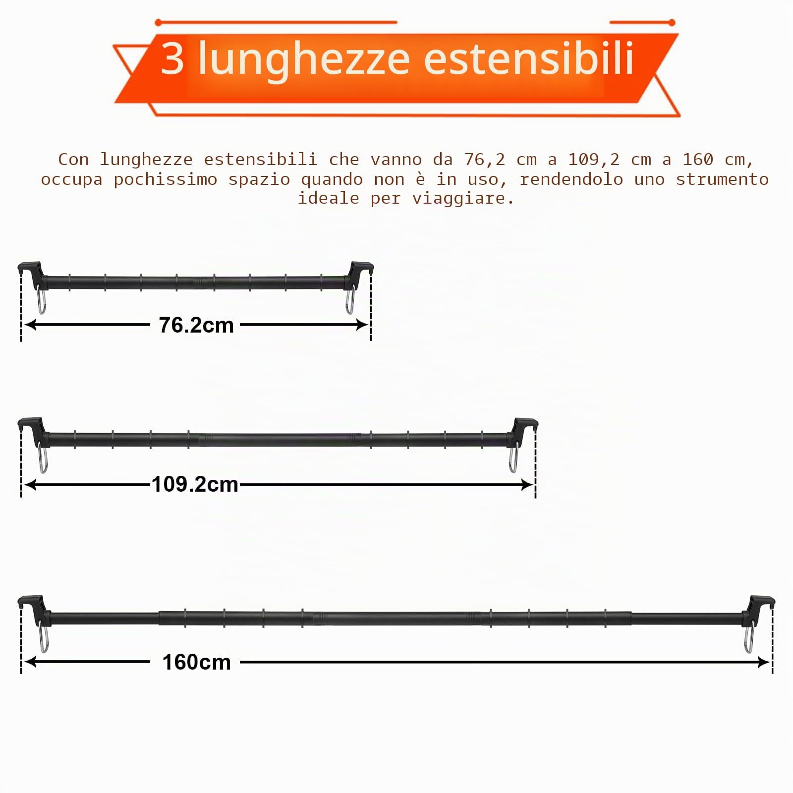 Beinhome Appendiabiti da auto ultraresistente - Lunghezza regolabile 76-160 cm, asta per indumenti da viaggio per una conservazione senza grinze