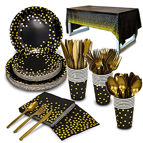 176 Pieces Gold Disposable Party Dinnerware Set &Golden Dot Dispo...