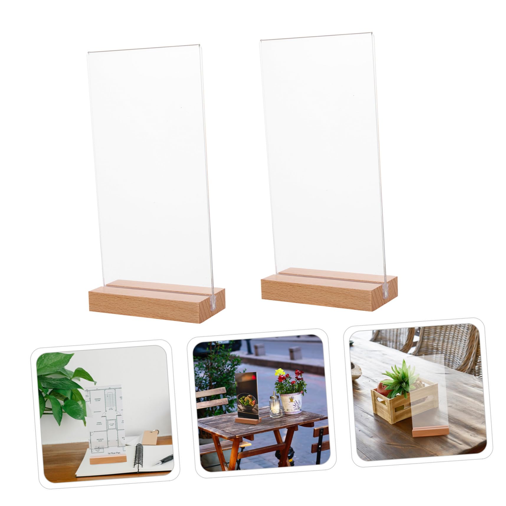 NUOBESTY 5 piezas Soporte de Señal Acrílico Transparente Vertical con Base de Madera para Menús y Carteles para Bodas Restaurantes y Oficinas