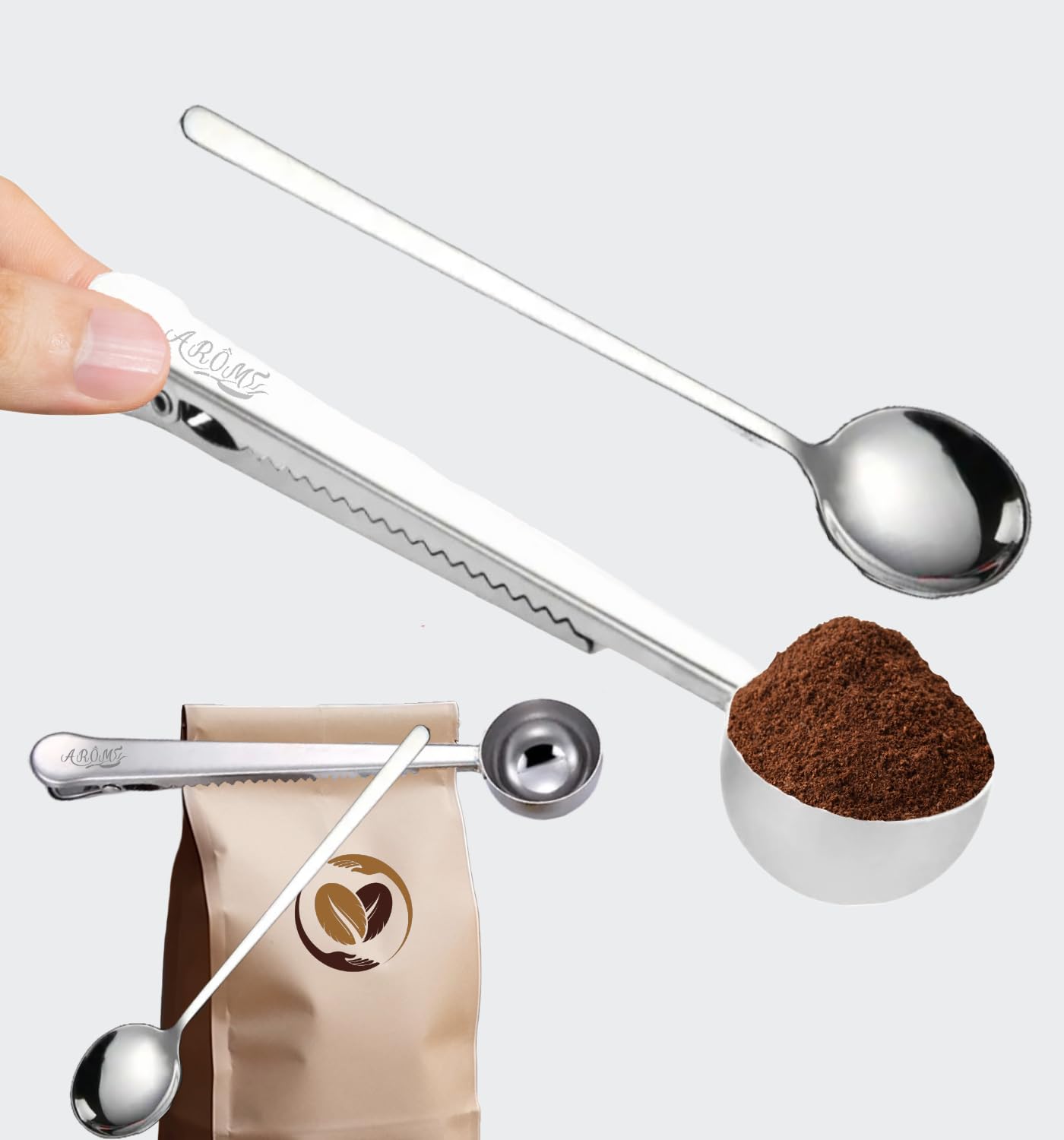 Coffee Combo 2 PC: Scoop/Clip and Spoon Set - Espresso Spoon - Silver
