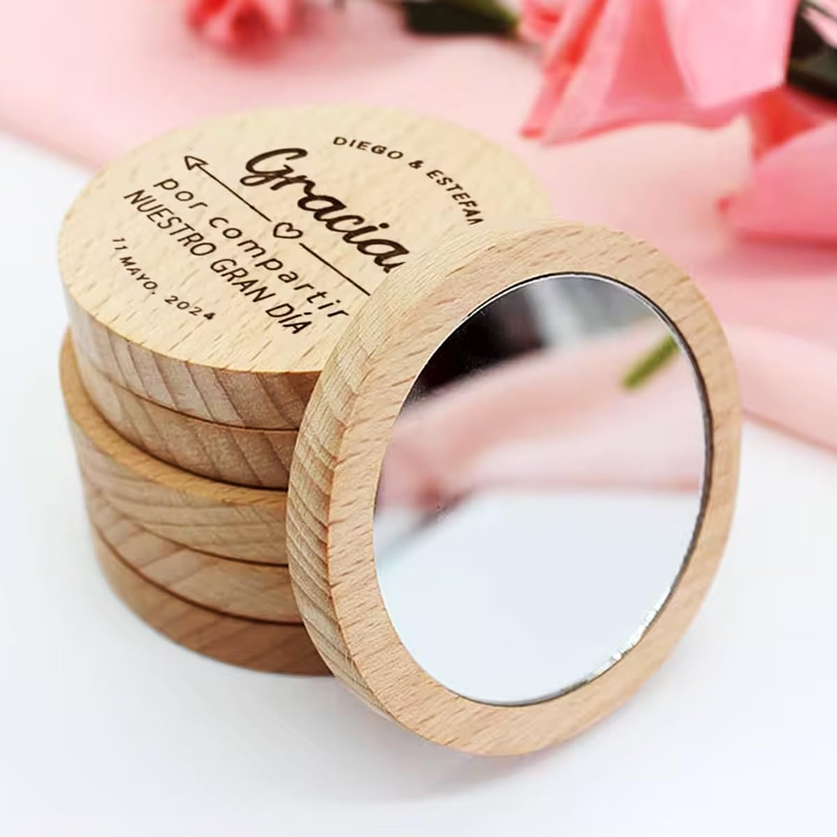 Espejos Personalizados de Maquillaje, Madera, Compactos, Redondos, Grabados, For San Valentín
