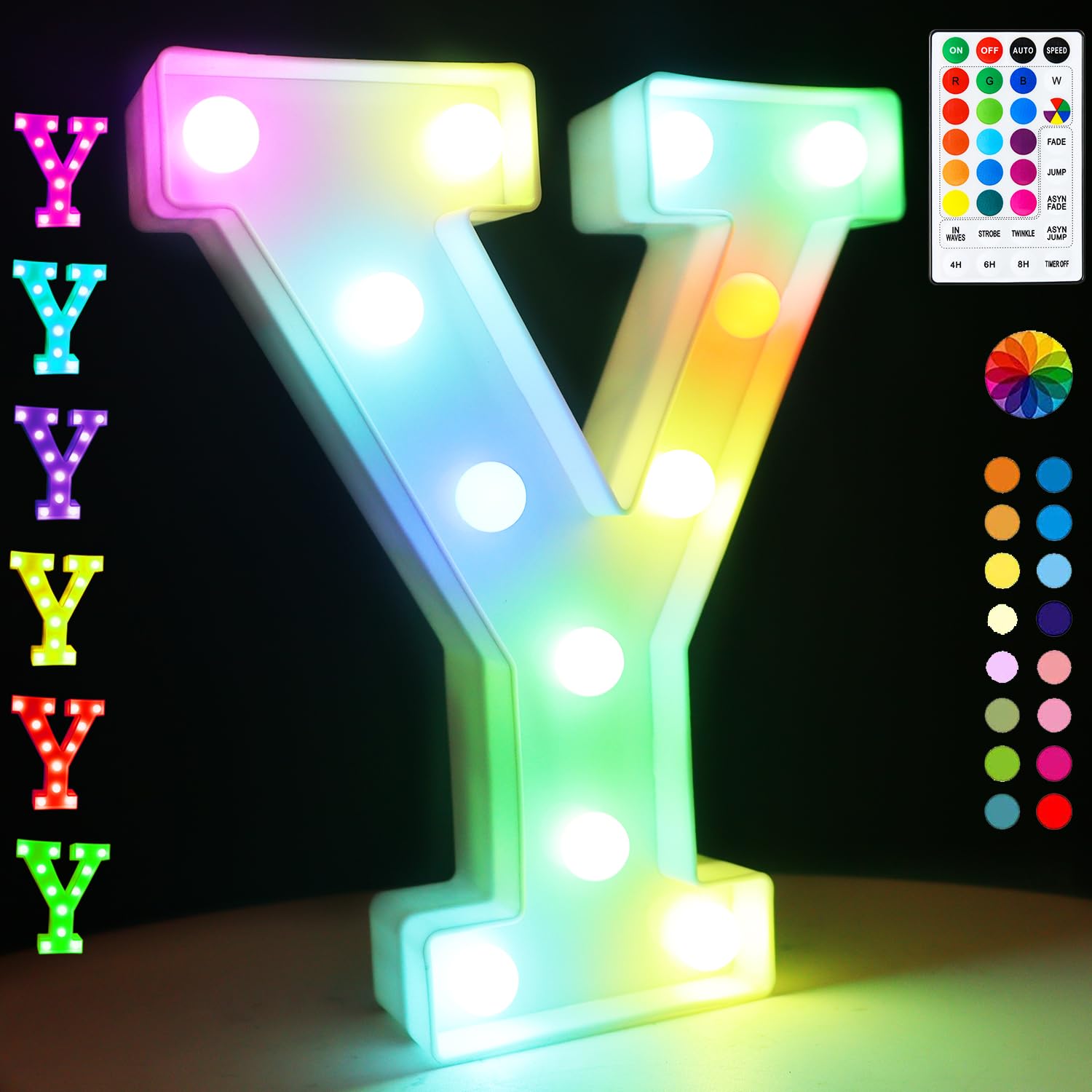 LED Buchstaben Lichter Alphabet, 18 Farblich Veränderbar Led Leuchtbuchstaben mit Fernbedienung Timer Nacht Lichter, Dekoration für Geburtstag Party Weihnachten Hochzeit Kinderzimmer - Buchstaben Y