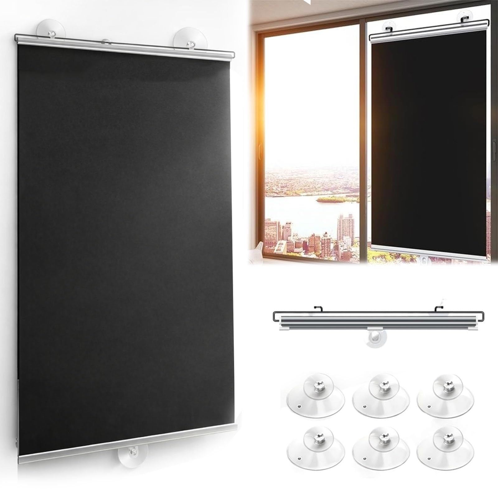 No Drill Blackout Roller Shades with Suction Cups, Portable Thermal Insulated Window Blinds, Retractable Privacy Sun Shade for Campervan, Travel, Bathroom(55W x 160H cm (22" x 63"))