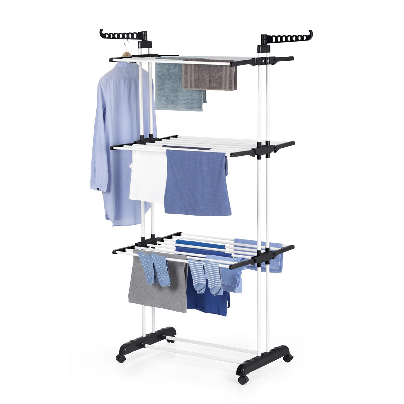 EASYmaxx Klappbarer Wäscheständer | Effizientes Trocknen mit 3 Ebenen, 2 Seitenflügeln & leichtem Aufbau | Platzsparend, vielseitig und mobil für drinnen und draußen, Schwarz/Weiß