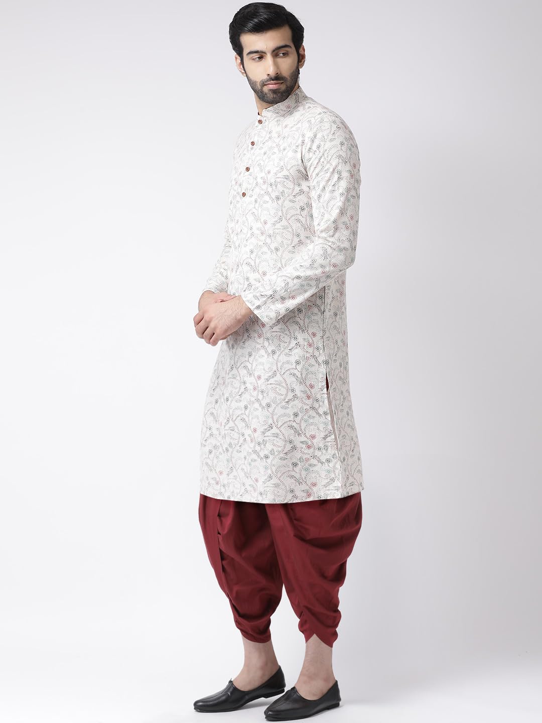 Kisah Men's Kurta Dhoti Set, Multi Cotton Blend, Block Print Mandarin Collar Regular Fit Long Sleeves (42)