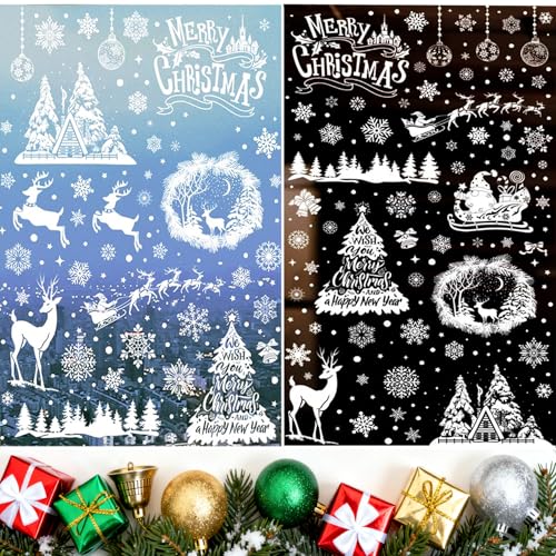 FORTSPANG 216 calcomanías navideñas de PVC blanco para ventana, calcomanías estáticas reutilizables, decoraciones festivas de doble cara para vidrio
