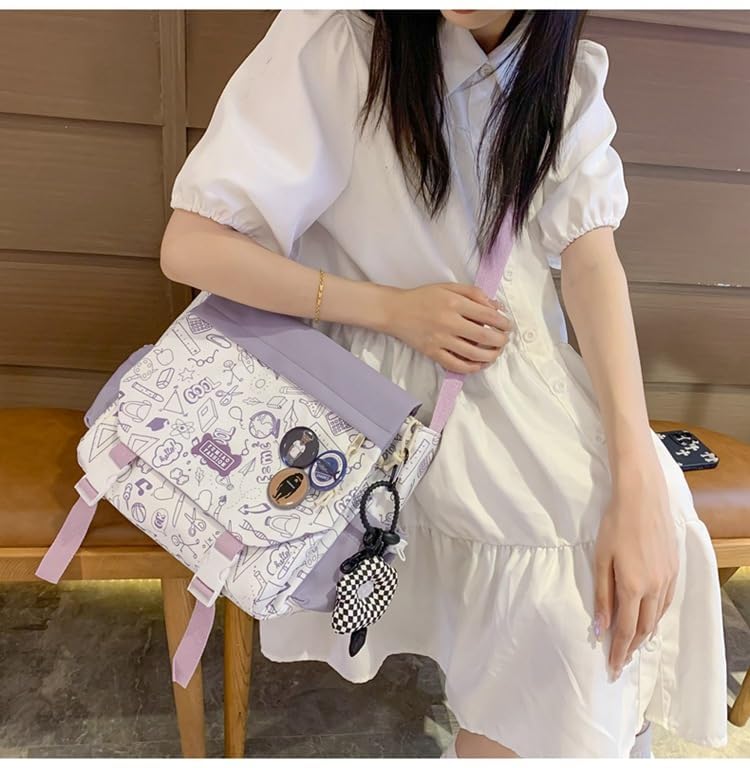 Image of Aesthetic Crossbody Bag with Cute Pins and Ornament, Nylon Shoulder Messenger Bag Japanese Kawaii Bag for Women Men