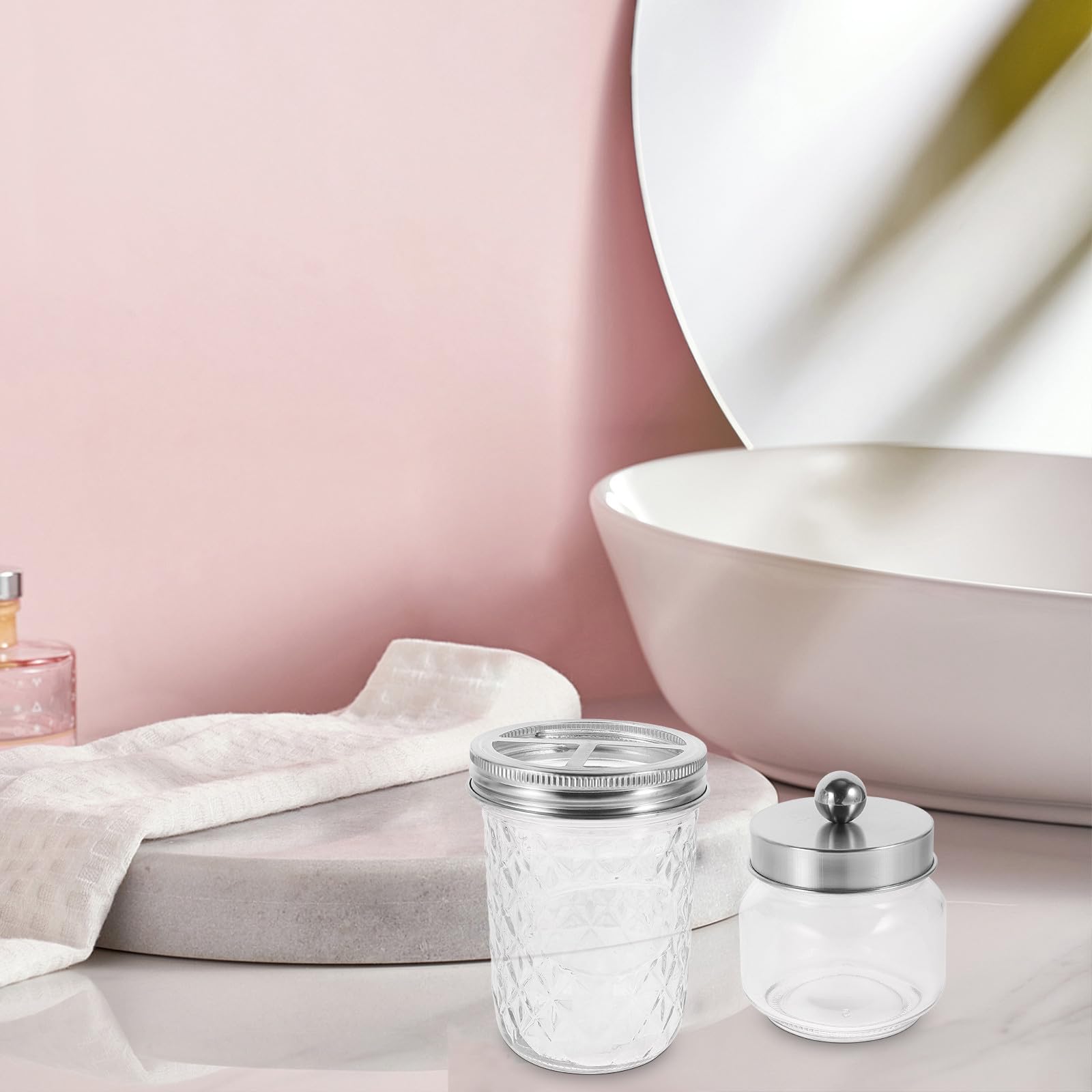SHINEOFI 1juego Accesorios de Baño con Dispensador de Jabón Soporte para Cepillos de Dientes y Envases para Algodón Diseño Rústico para Encimeras Acabado Plateado Resistente y Práctico
