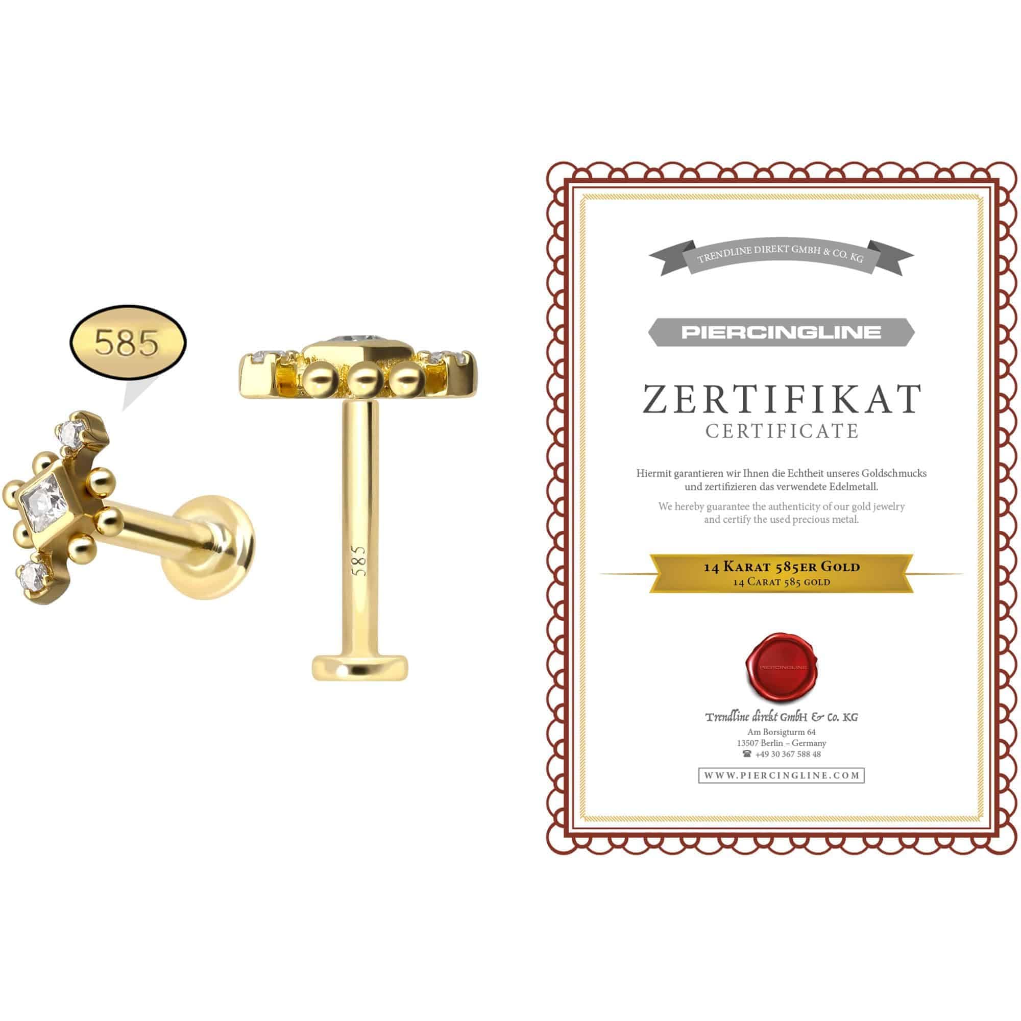 PIERCINGLINE Piercing Stecker 14 Gold Labret mit Innengewinde 3 MOISSANITE + KUGELN 585er Gold - Roségoldfarben, Goldfarben, Silberfarben
