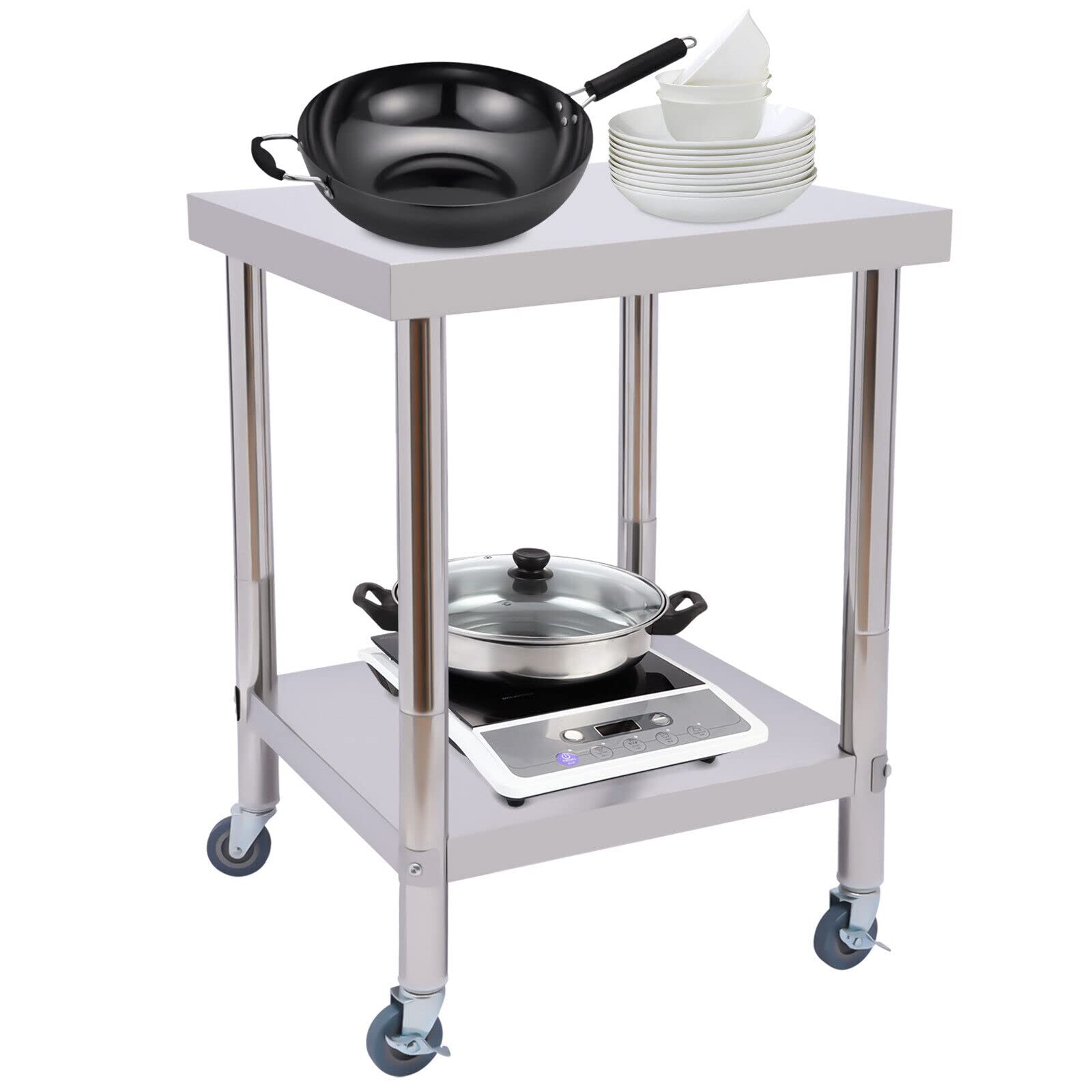 Mesa de cocina, mesa de acero inoxidable, mesa de trabajo, mesa de acero inoxidable, 2 baldas con estante inferior y ruedas, para cocinas, hoteles, panaderías, restaurantes, 60 x 60 x 85 cm