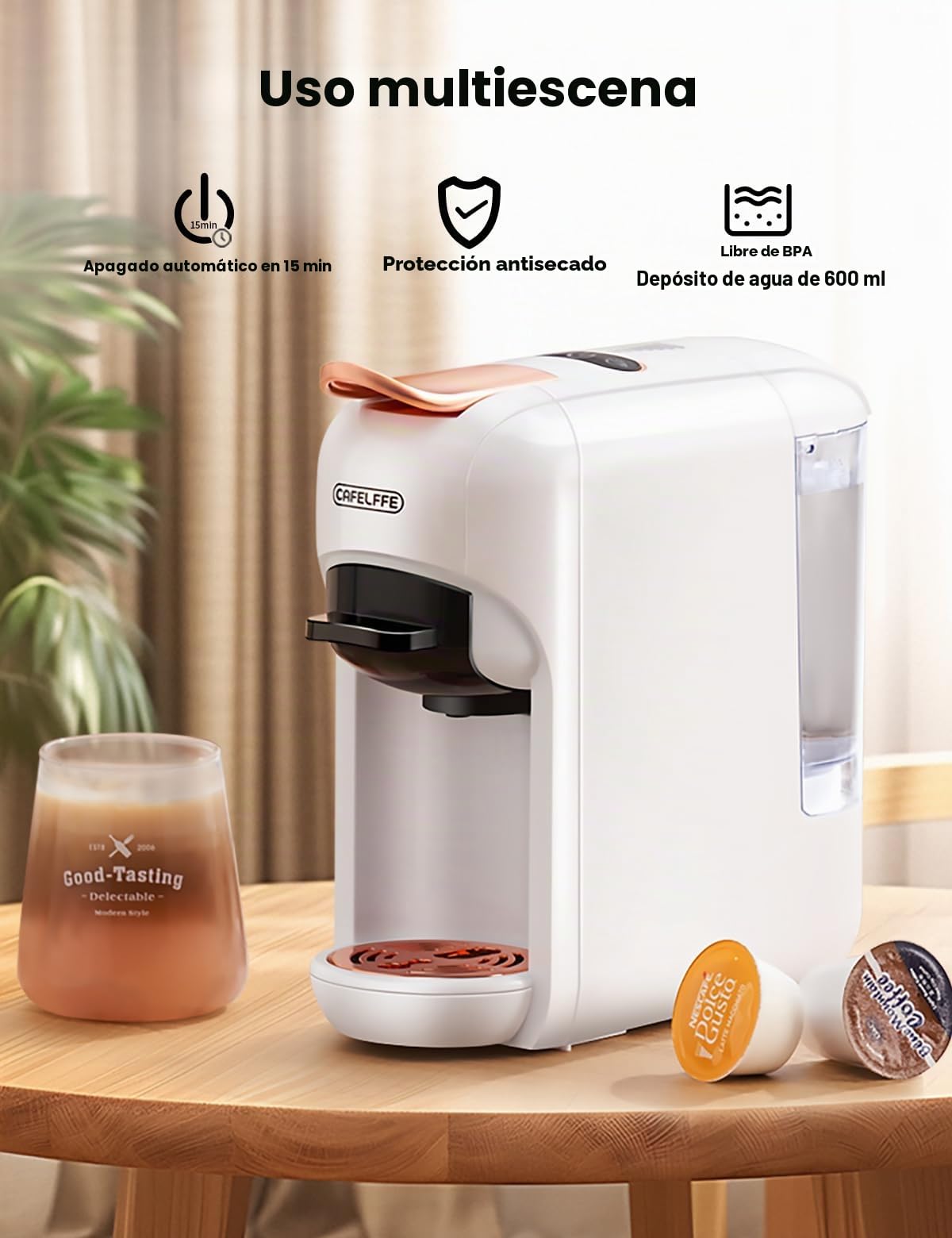 CAFELFFE Cafetera de cápsulas 5 en 1 MK-606, café frío/caliente, 19 bares, compatible con cápsulas NES*, DG*, K-Cup, ESE y café molido, modelo de bajo consumo, 0,6 L, ideal para regalar.