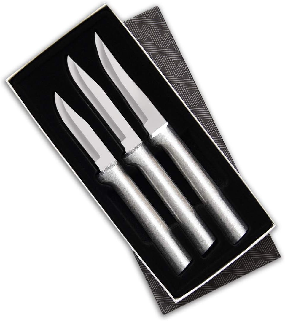 Cutlery - S01 Rada Cutlery Paring Knife Set 3 Knives with Stainless Steel Blades and Brushed Aluminum Made in The USA, 7 1/8", 6 3/4", 6 1/8", Silver Handle