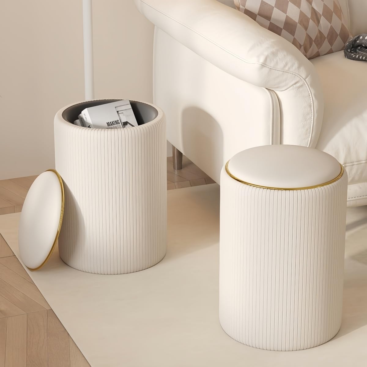 JiFocelt 家庭での美容・ネイルに便利！ラグジュアリードレッサースツール｜化粧椅・収納円凳 2-in-1｜ベッドルーム使用 O