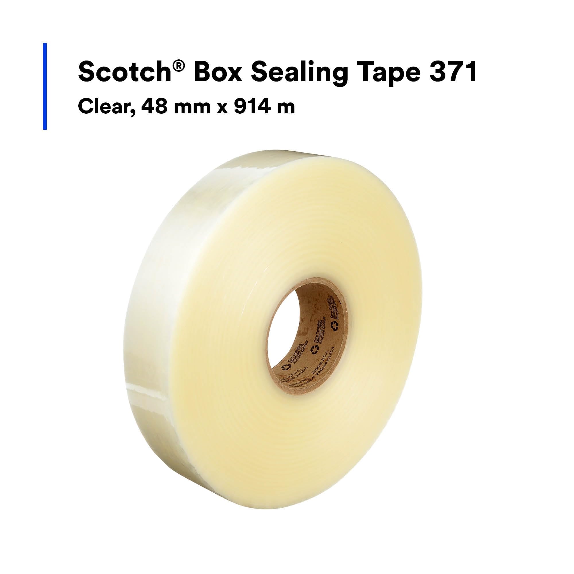 Scotch Box Sealing Tape 371, Industrial Grade Polypropylene, Synthetic Rubber Adhesive, Clear Color, 48 mm x 914 m, 6/Case
