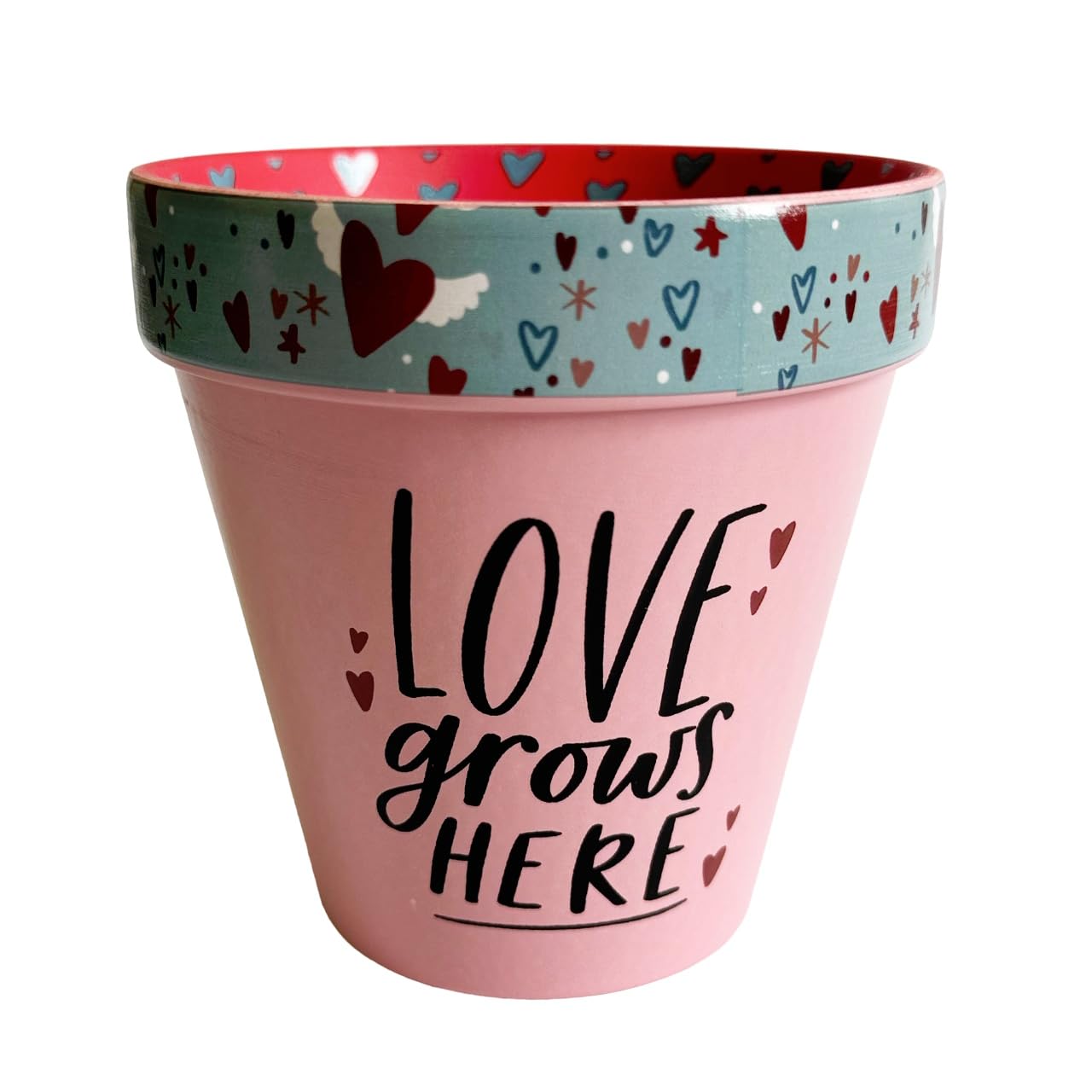 WPL Gifts Love Plants Small Flower Planter Pots - Fun Quotes & Humour in Pastel Colours - with Optional Coaster Add On - Perfect Floral Home Decor (Love Grows Here)
